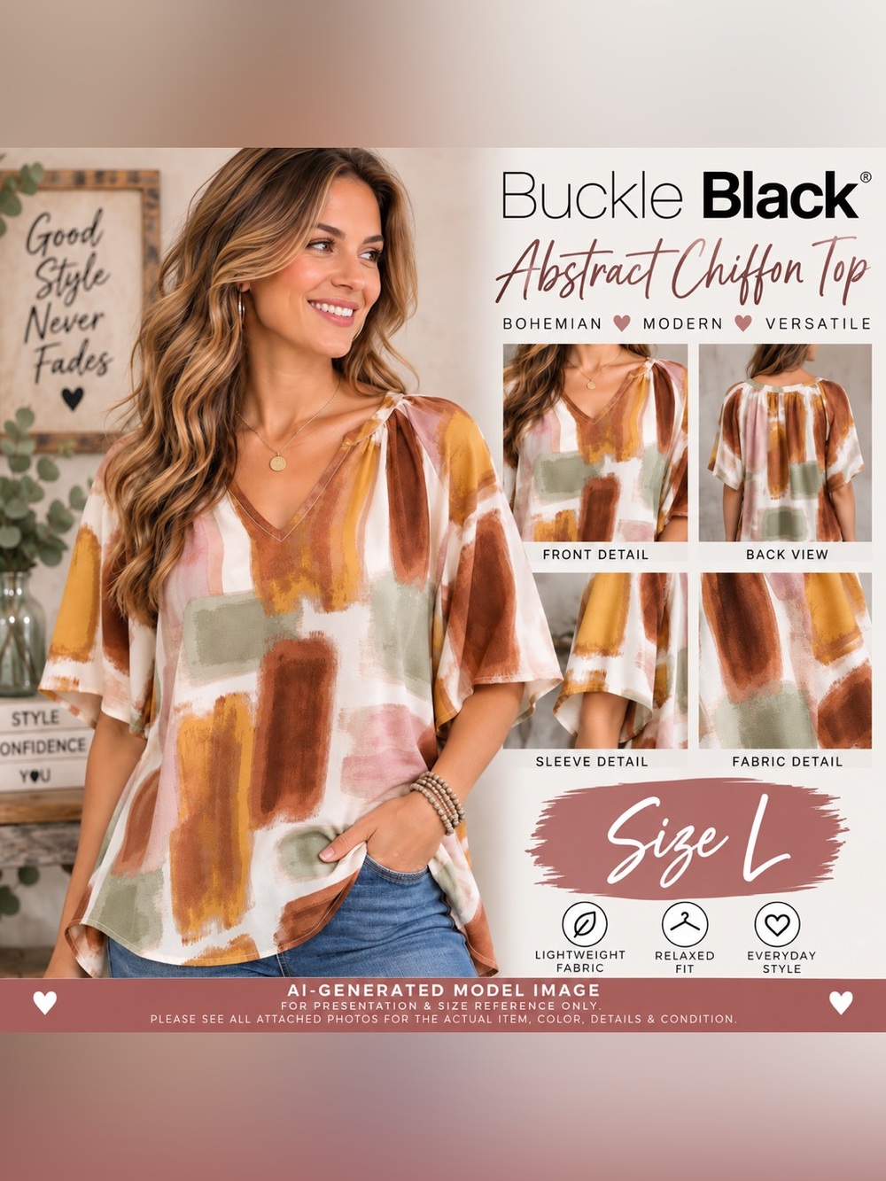 BUCKLE BLACK ABSTRACT CHIFFON HIGH-LOW TOP • SIZE L